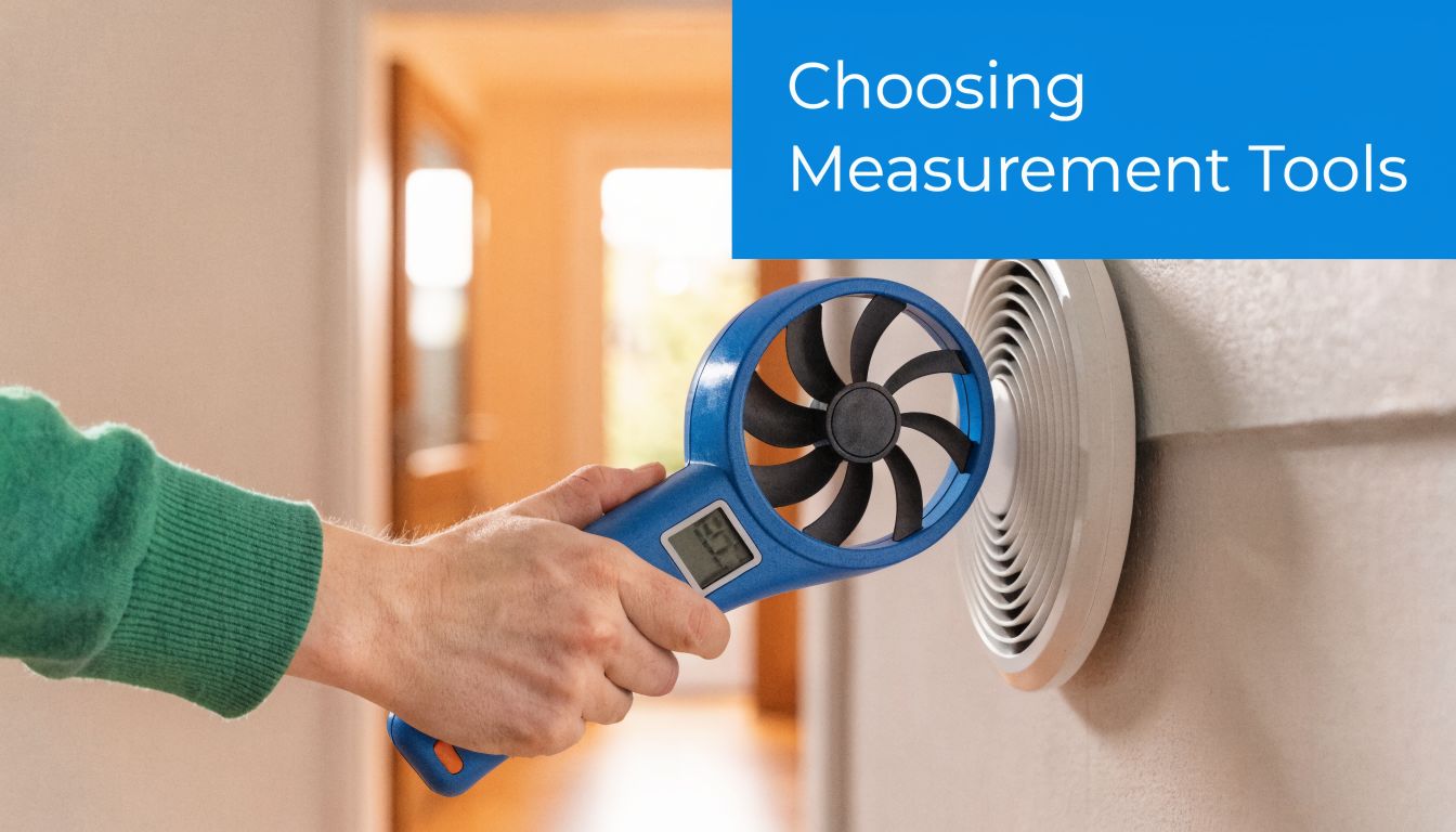 Fly Screens A hand holds a portable digital anemometer to measure airflow coming from a wall ventilation vent.