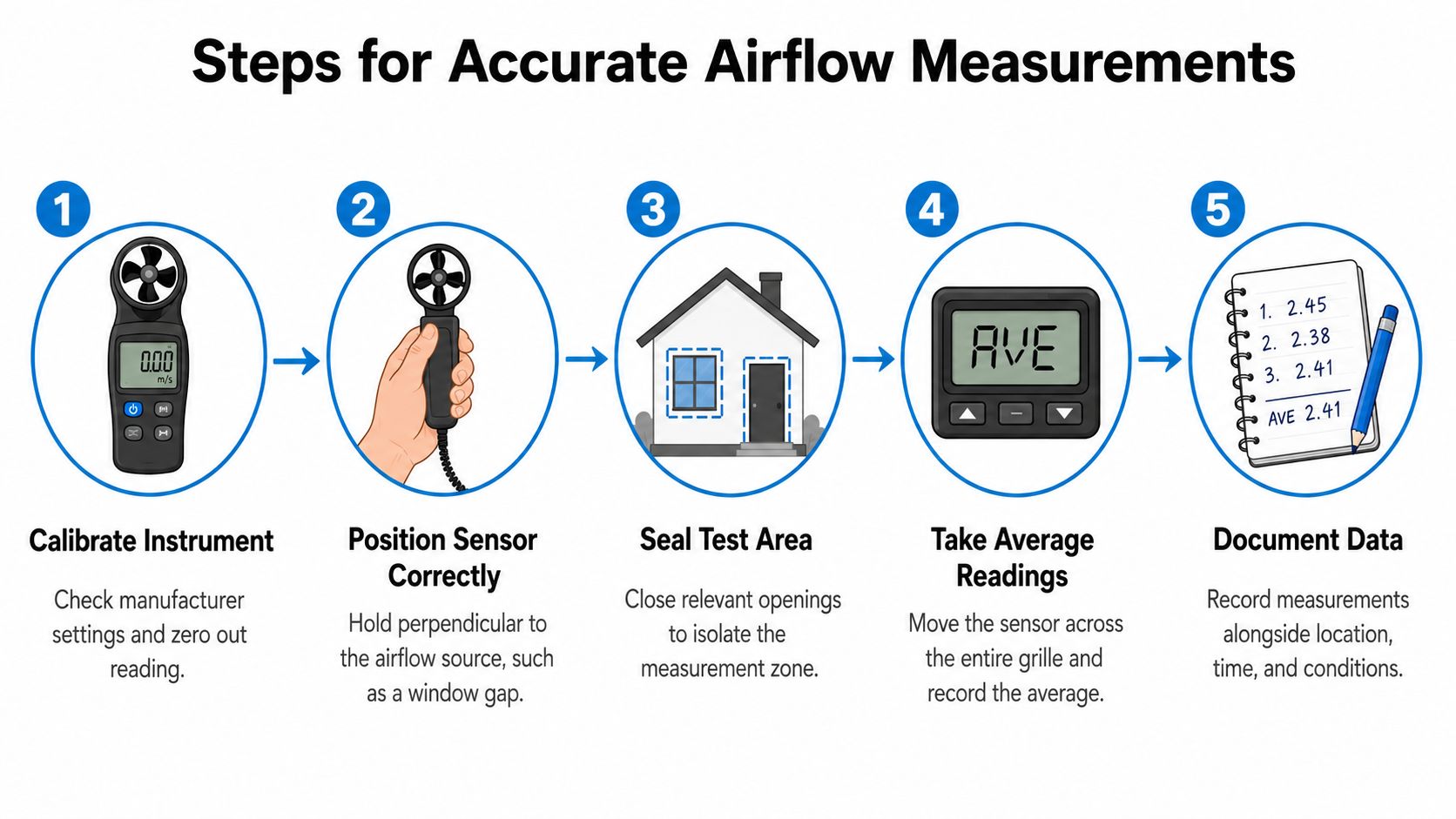 Fly Screens A five-step infographic showing how to perform accurate airflow measurements using a digital handheld anemometer.
