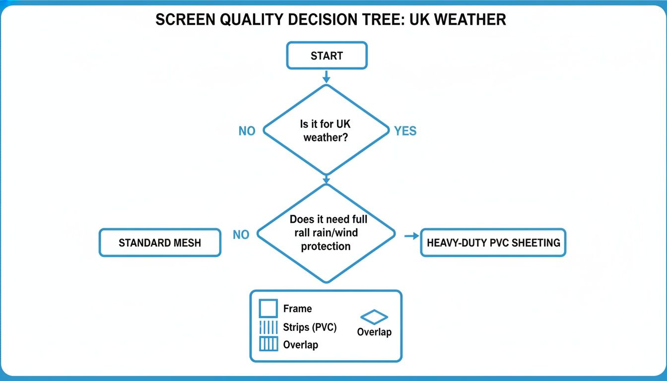 Fly Screens Decision tree flowchart for selecting screen quality based on UK weather and rain/wind protection requirements.