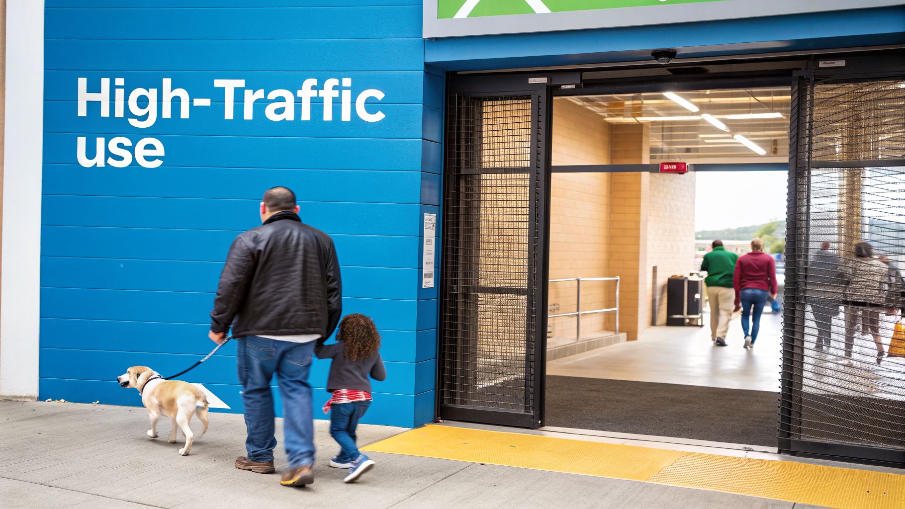 Fly Screens A man, child, and dog walk past a 'High-Traffic use' sign towards an entrance with a mesh door.