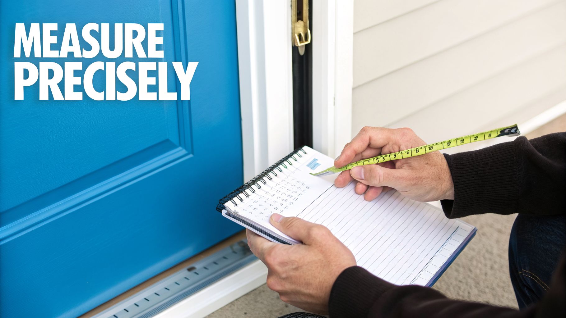 Fly Screens A person is precisely measuring the bottom of a blue door frame with a tape measure and taking notes in a notebook.