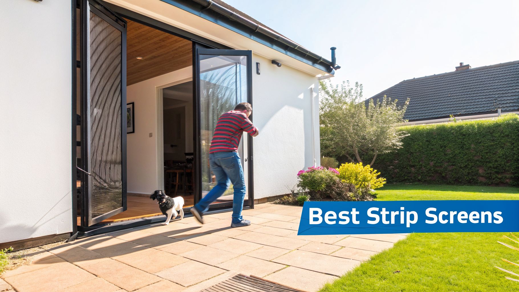 Fly Screens A man and a small dog enter a modern house through open insect screen patio doors to a garden.