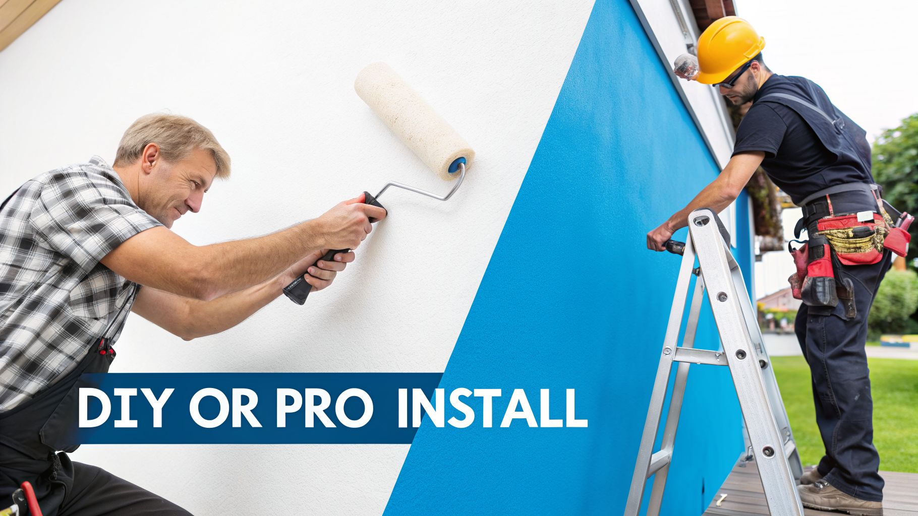 Two men painting a wall, one DIY and one professional, illustrating a choice for home improvement.