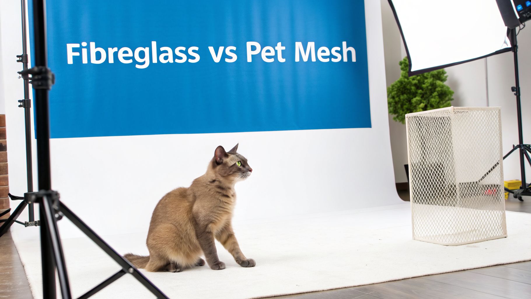 A brown cat sits on a white studio floor in front of a 'Fibreglass vs Pet Mesh' sign.