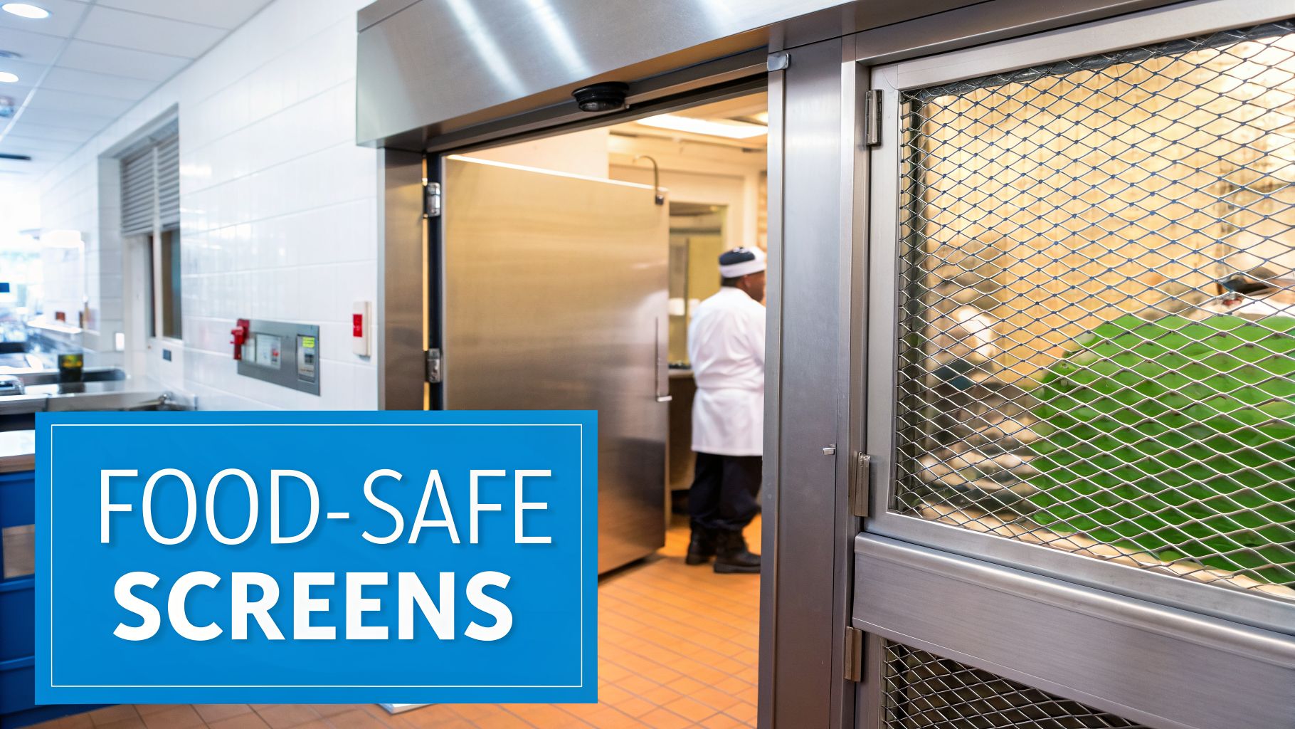 A commercial kitchen scene showing a chef and a food-safe mesh screen door in the foreground.