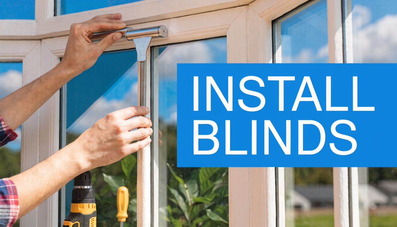 A professional installer using a power drill to mount hardware for window blinds on a bay window frame.
