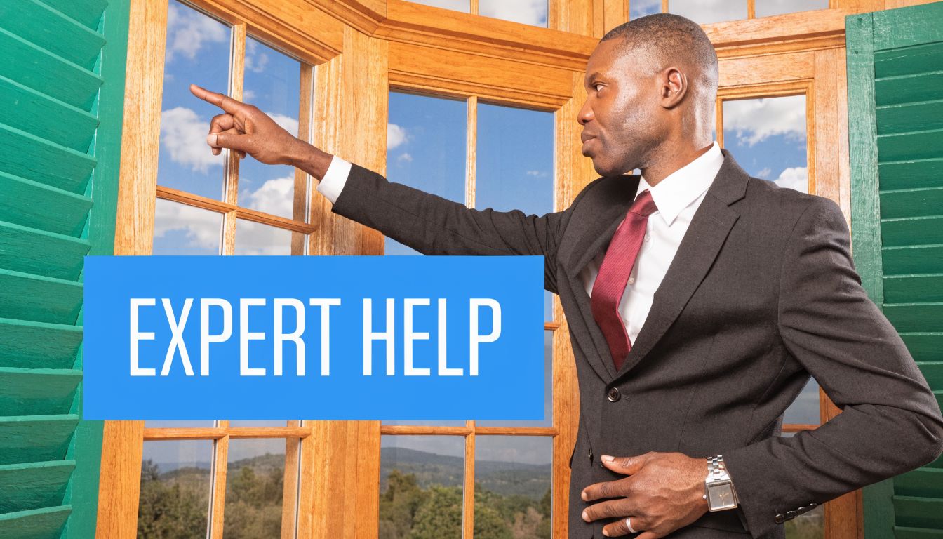 A professional man in a suit pointing at a large window, demonstrating expert window treatment advice.