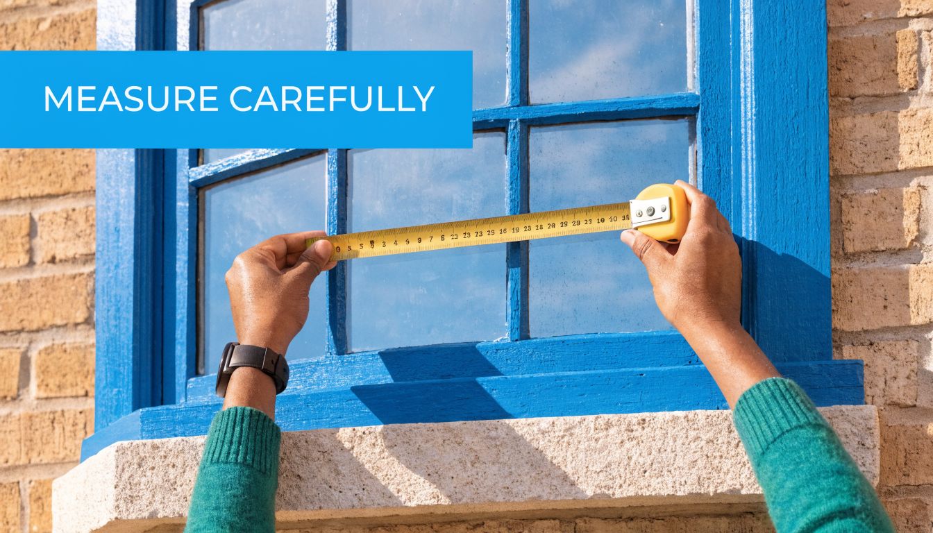 A person measuring a blue window frame with a yellow tape measure for installation.