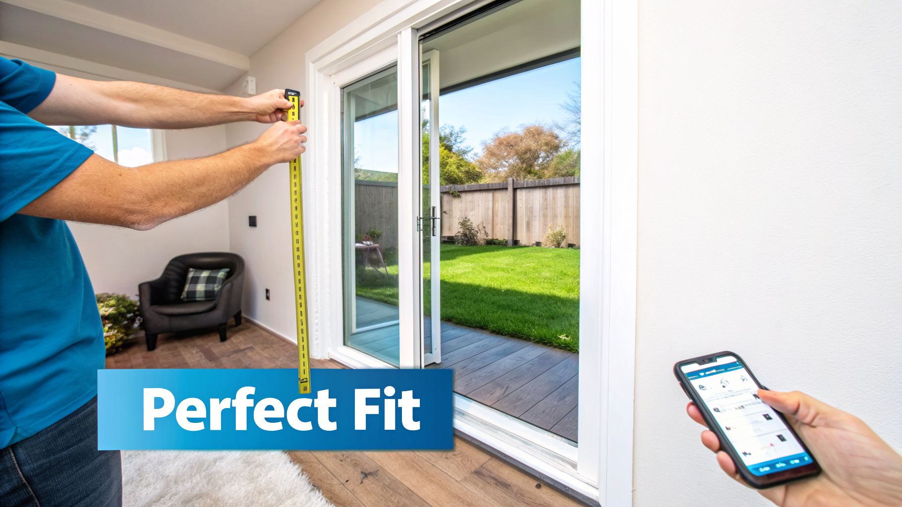 A person measures a patio door with a tape measure, while another hand holds a smartphone.