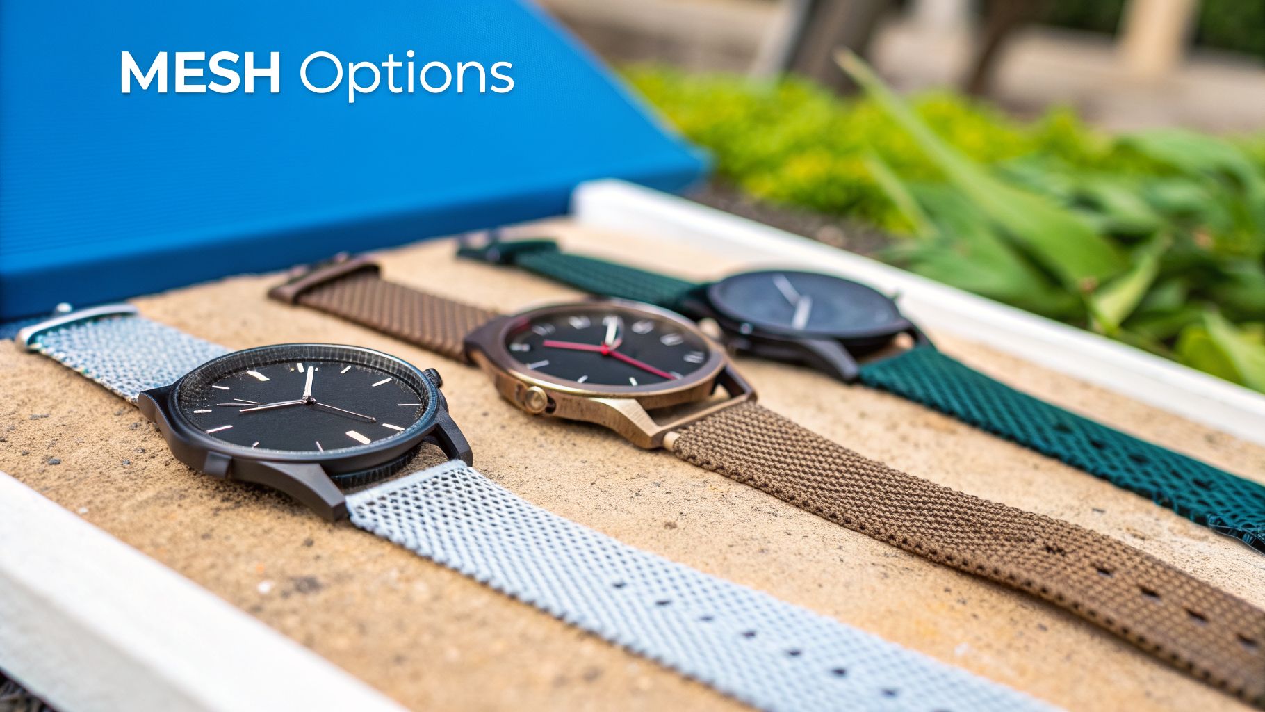 Three stylish wristwatches with different colored mesh bands in light grey, brown, and dark green, on a textured surface.