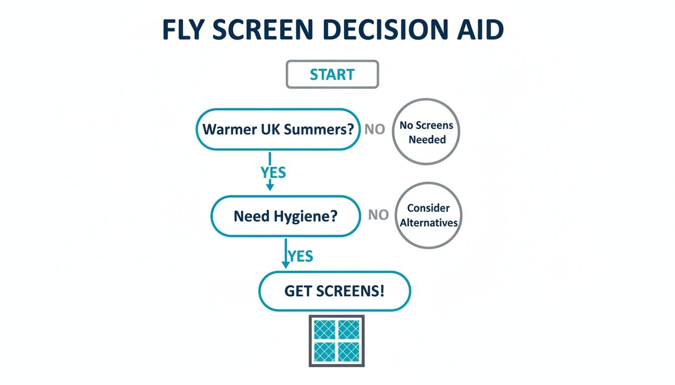 Flowchart for deciding on fly screens, based on warmer UK summers and hygiene needs.