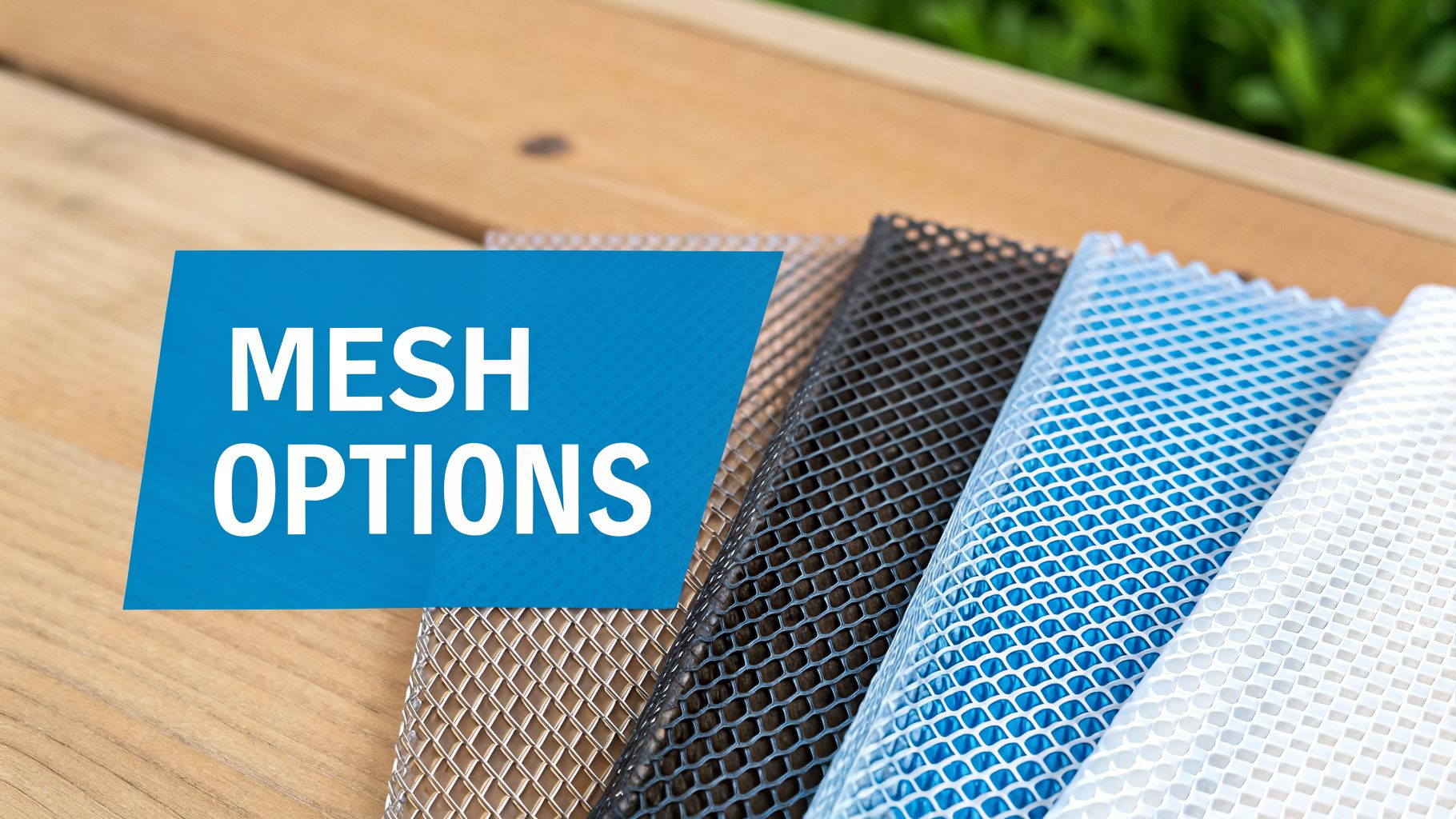 Close-up of different colored mesh materials, including silver, black, blue, and white, with 'MESH OPTIONS' text.
