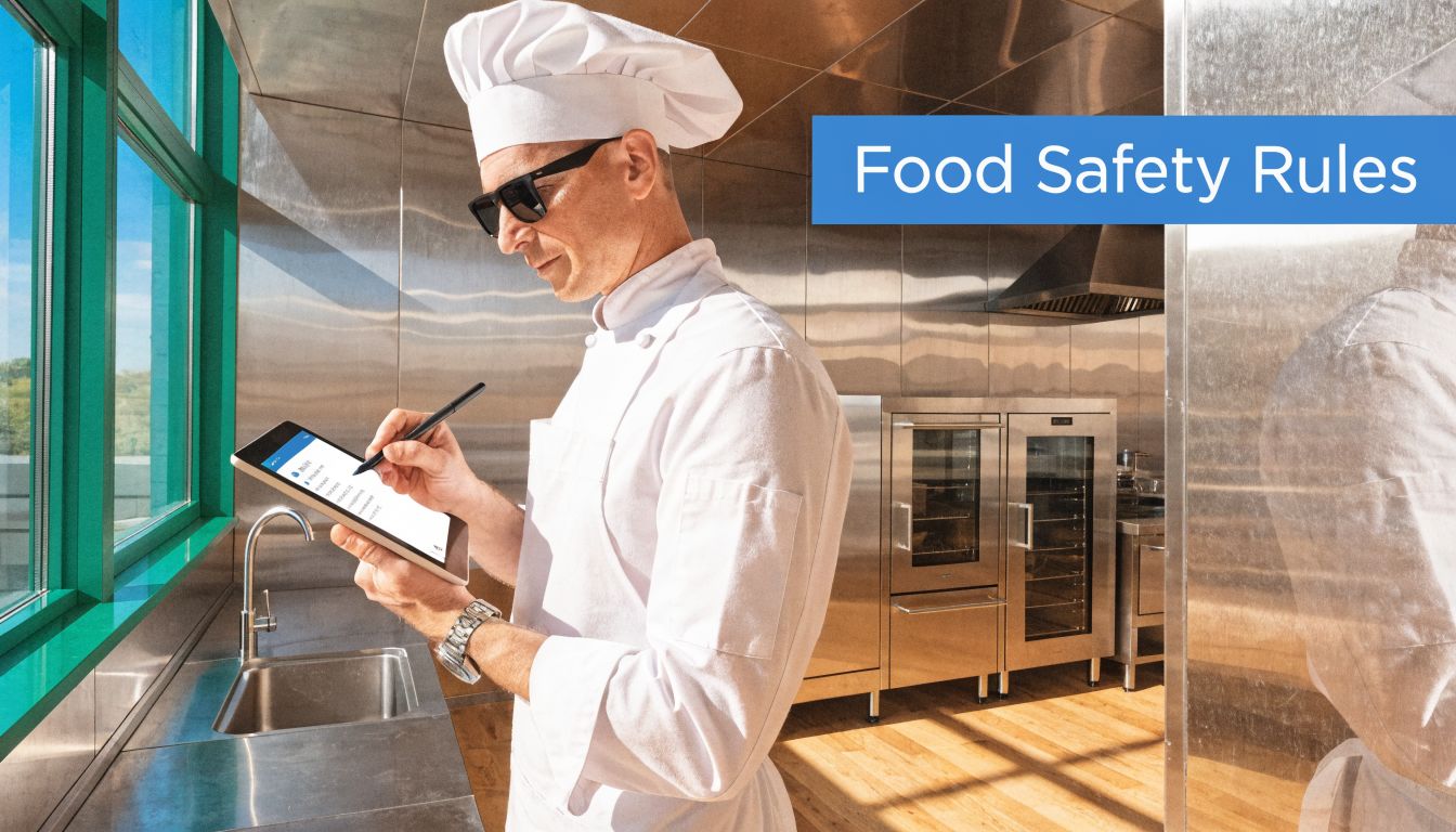A professional chef wearing a white uniform and sunglasses checks digital food safety rules on a tablet.