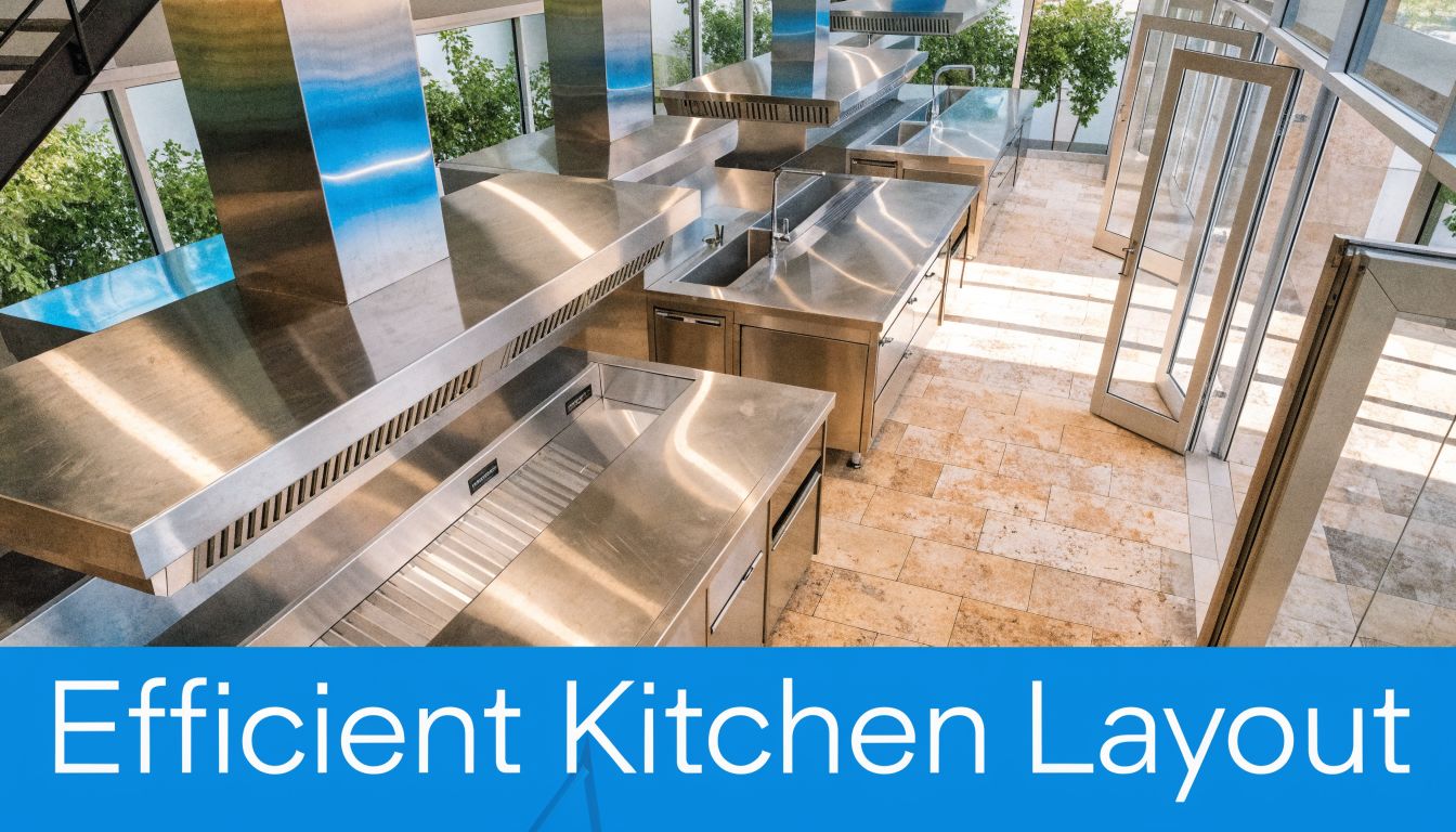 A professional stainless steel commercial kitchen featuring clean work surfaces and efficient food preparation areas.