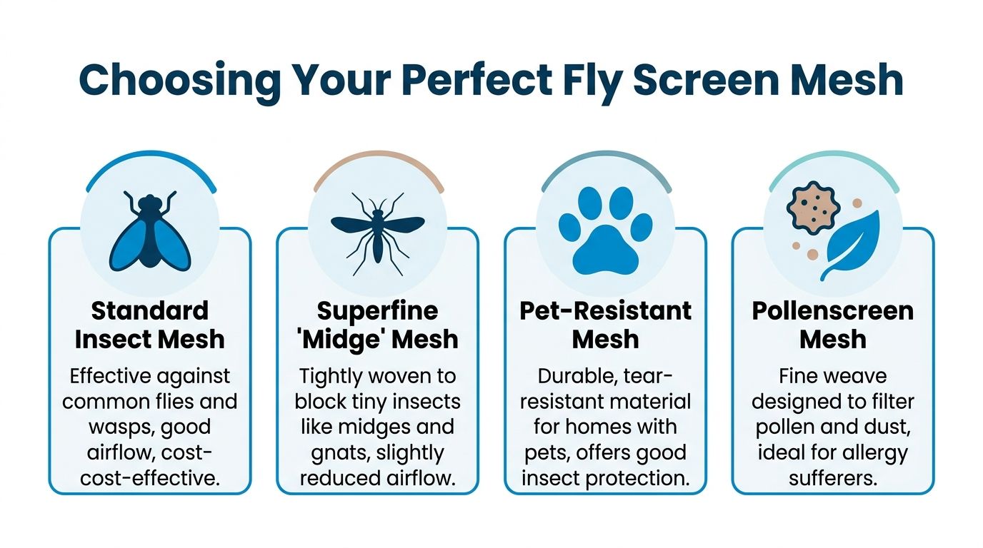 An infographic showing four types of fly screen mesh including standard, midge, pet-resistant, and pollenscreen options.