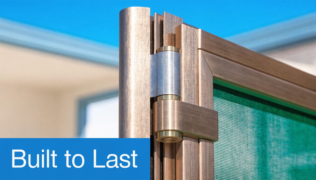 Close up of a durable metal hinge on a green screen door against a clear blue sky