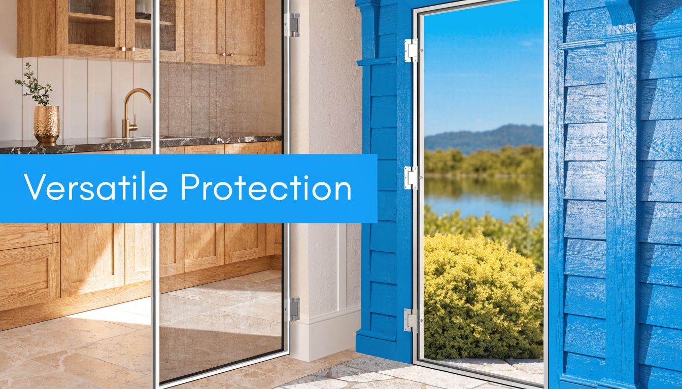A modern home interior view through a clear hinged fly screen door opening onto a sunny landscape.