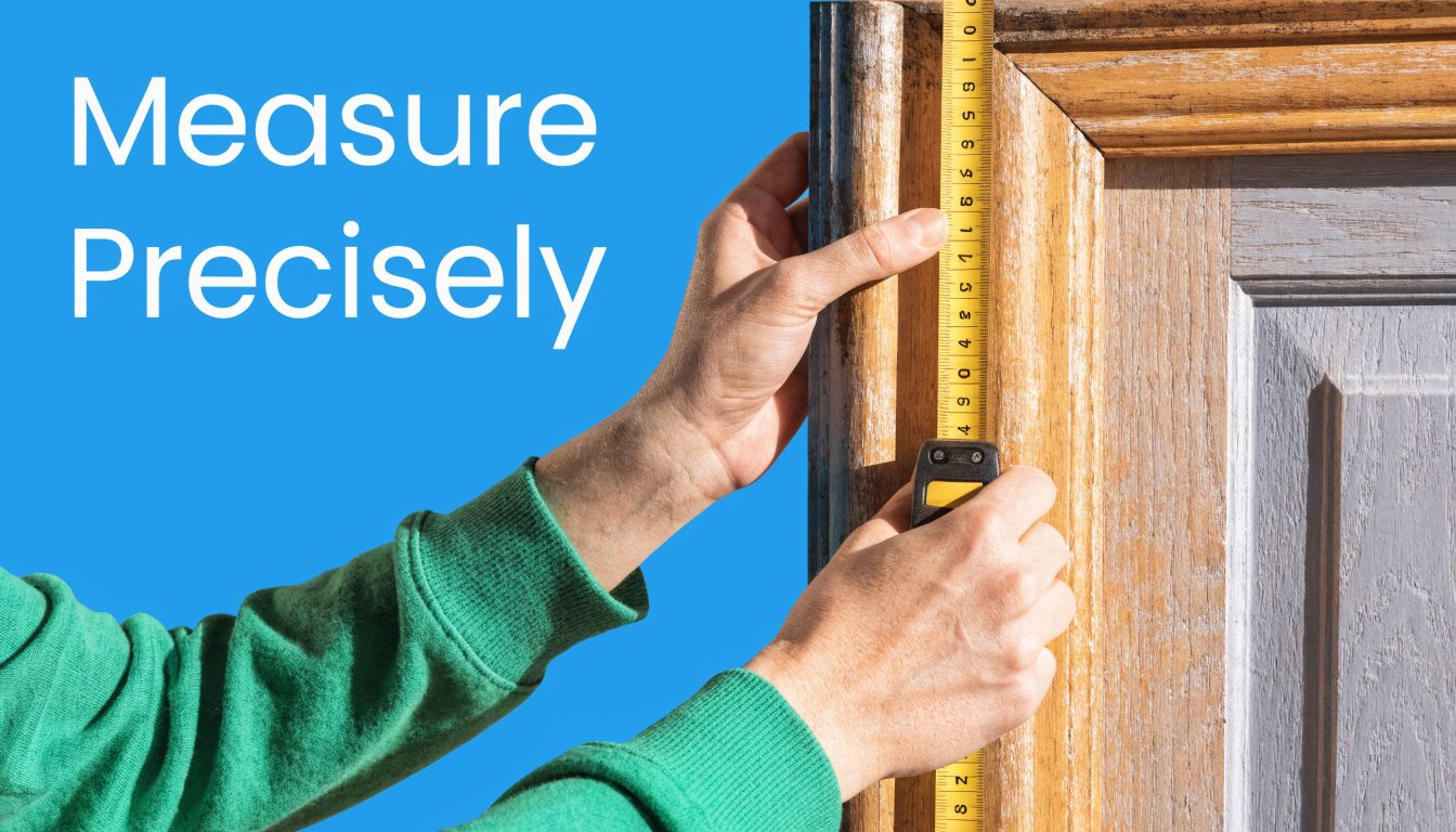 A person using a yellow tape measure to precisely measure the wooden frame of a single door.