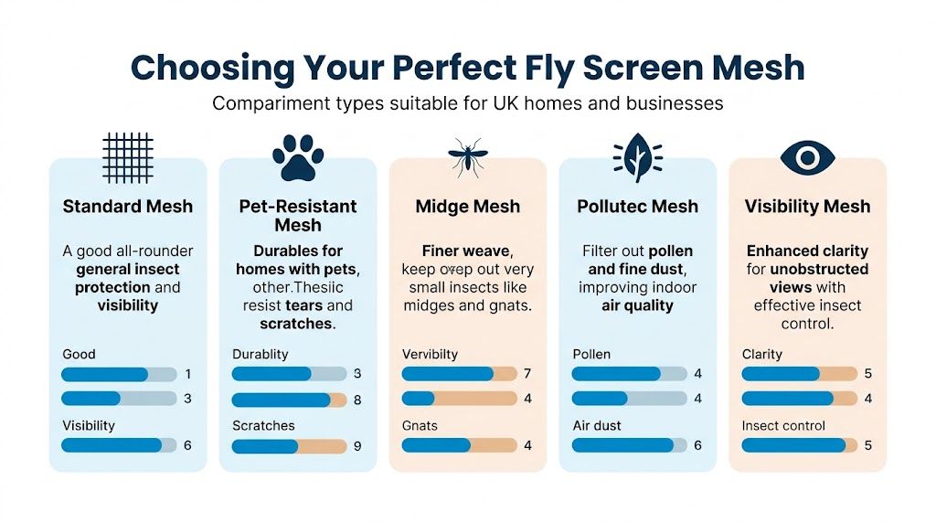 An infographic showing five types of fly screen mesh with their specific features and performance ratings.