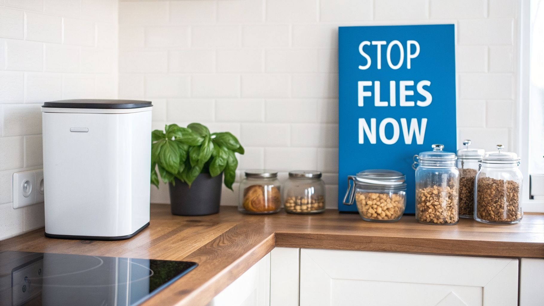 Fly Screens A clean kitchen counter featuring a white smart trash can, basil, jars, and a 'STOP FLIES NOW' sign.