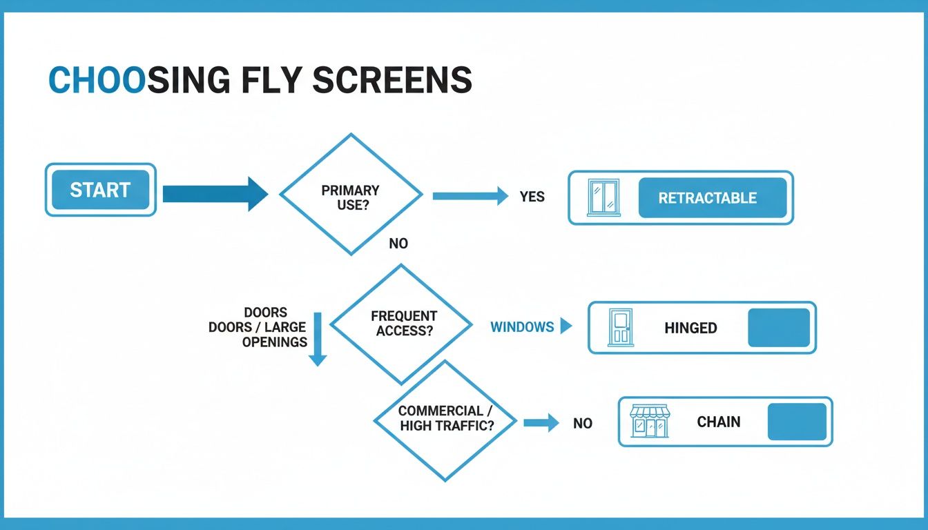 Fly Screens Flowchart diagram guiding the selection of different fly screen types based on usage and opening size.