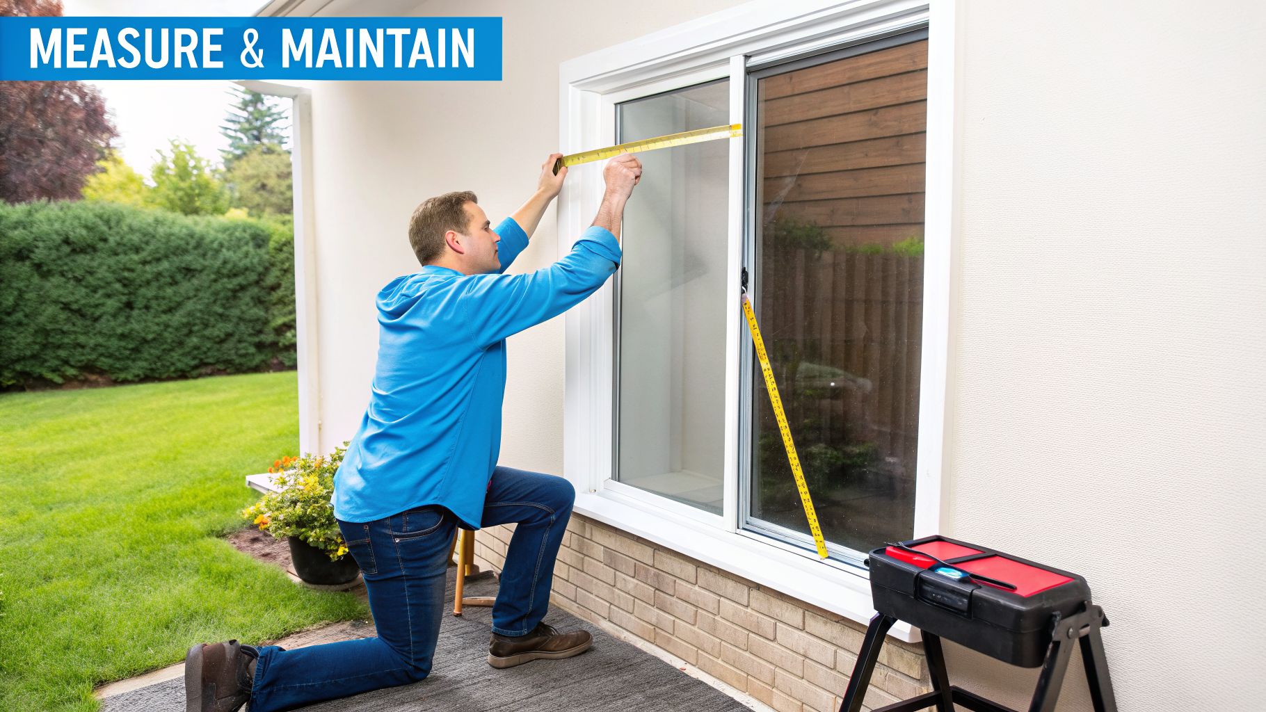Fly Screens A man in a blue shirt measures the width of an exterior house window with a yellow tape measure.