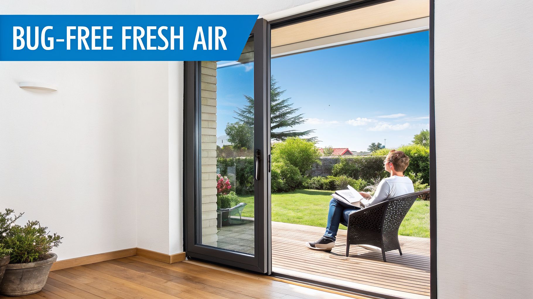 A person reads on a wooden patio, enjoying bug-free fresh air through an open sliding glass door to a sunny garden.
