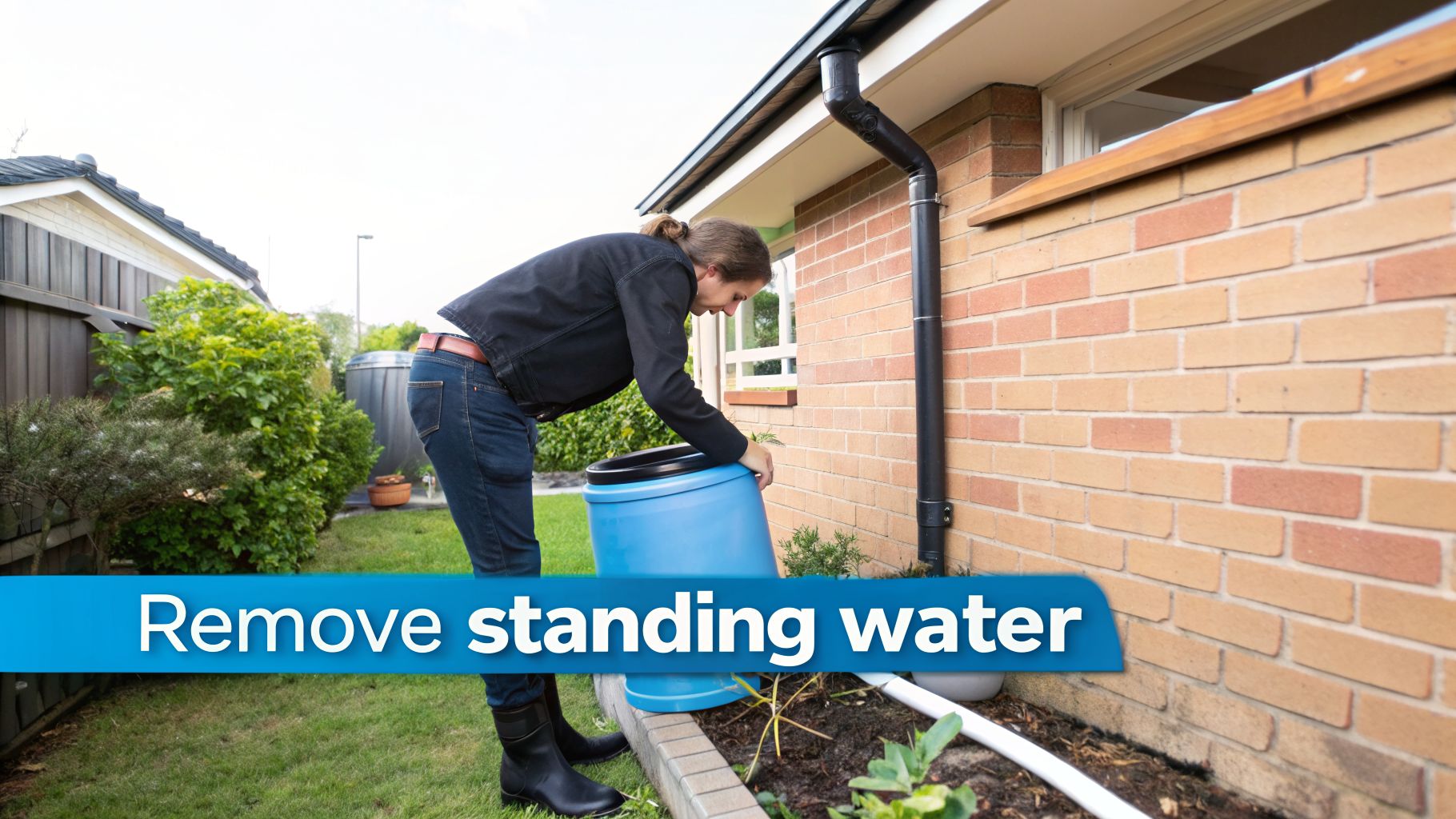 A person removes water from a blue barrel next to a house, emphasizing the importance of removing standing water.