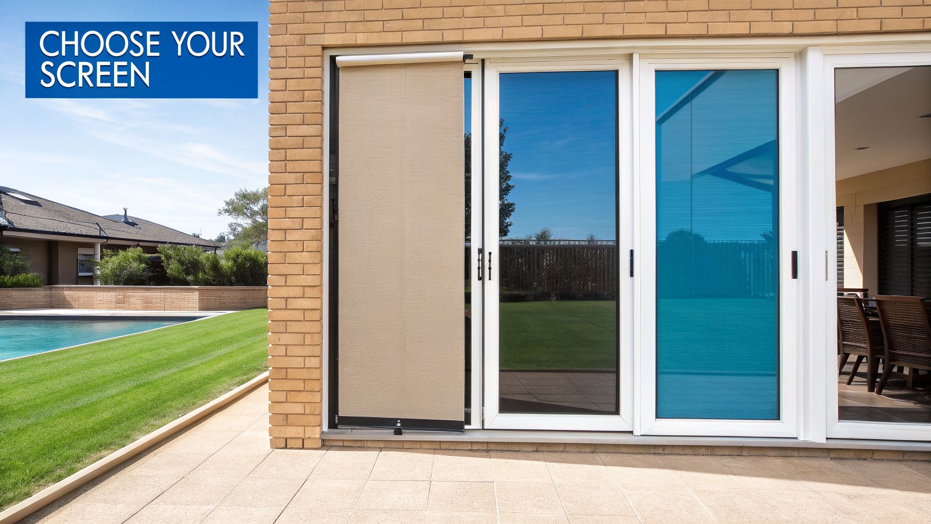 Fly Screens Patio doors feature a beige retractable screen and blue tinted glass overlooking a pool.