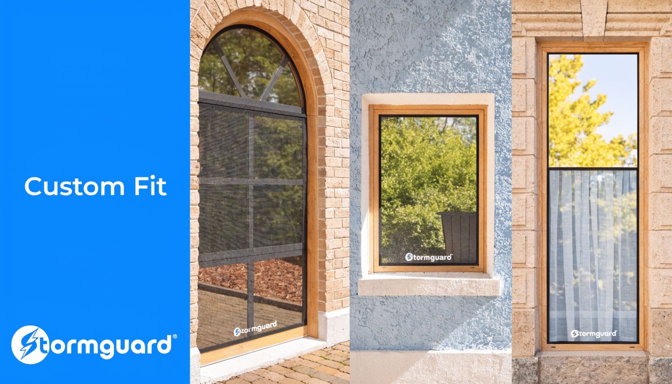 Three different windows showcasing custom-fit Stormguard magnetic fly screens installed on various exterior architectural styles.