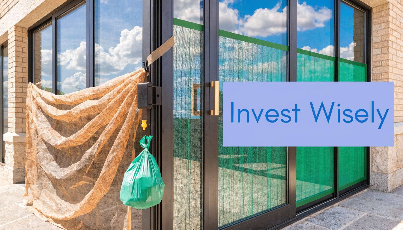 A store entrance featuring magnetic fly screens, a hanging bag, and a large Invest Wisely sign.
