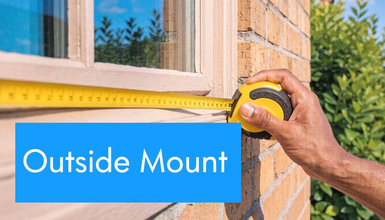 A close-up view of a person using a yellow tape measure to measure an outside window frame.