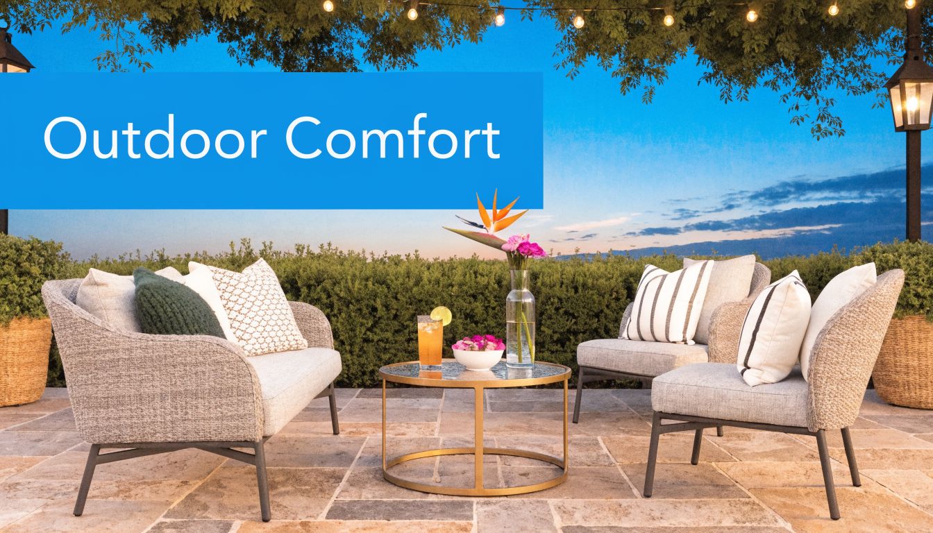 A modern outdoor patio set with a sofa and chairs arranged around a round gold coffee table.