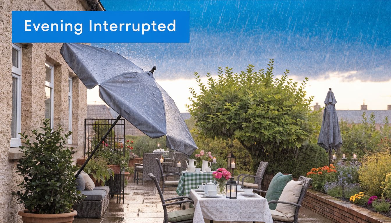 A patio setting with tables and an open umbrella being hit by a heavy summer rainstorm.