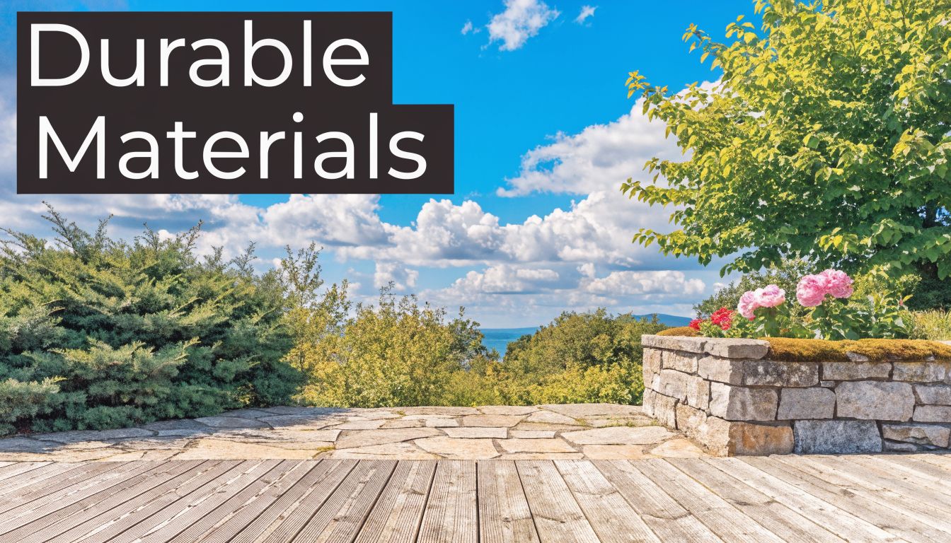 A serene outdoor patio featuring wooden decking, a stone planter with flowers, and a scenic landscape view.