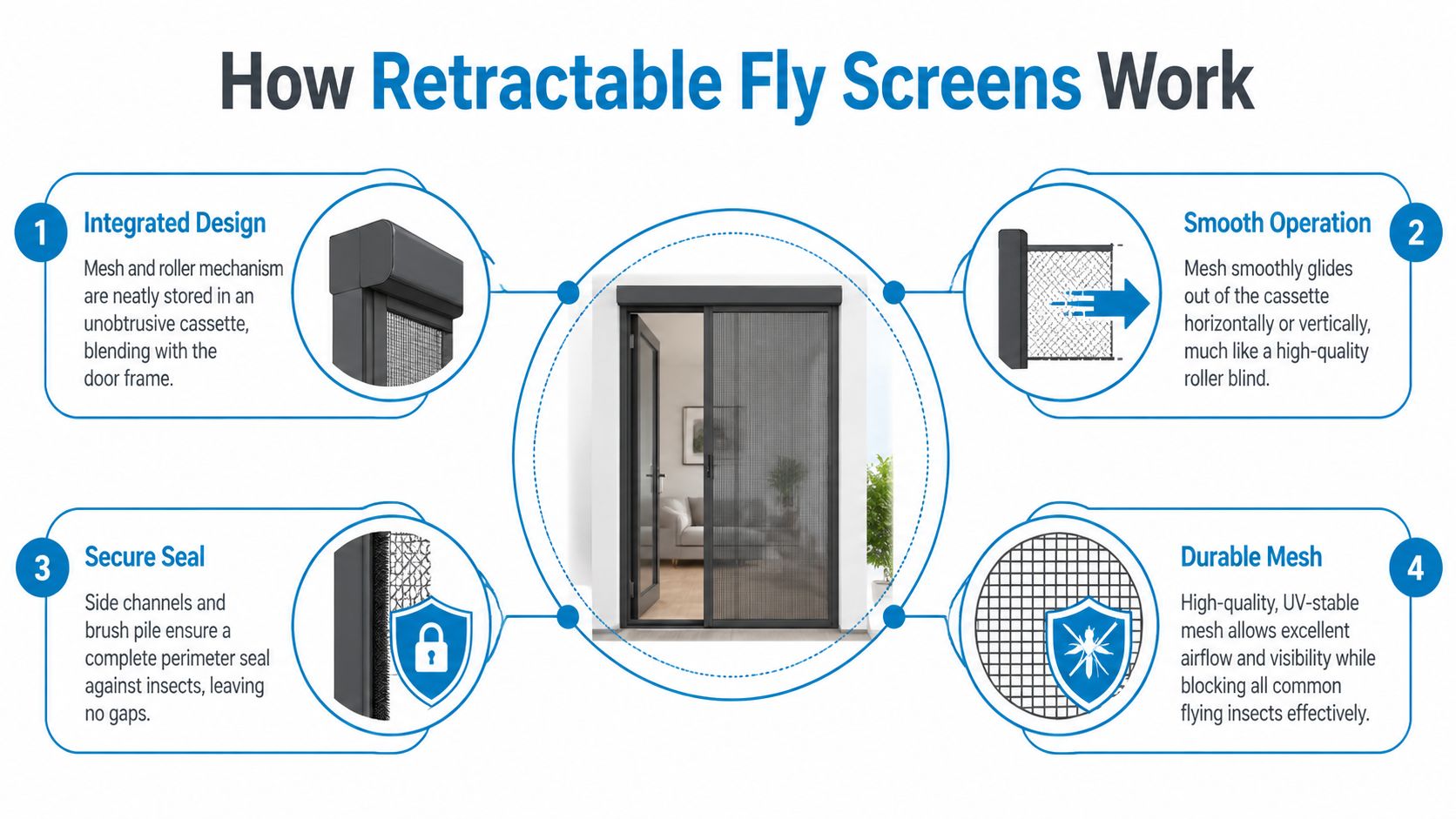 A diagram illustrating how retractable door fly screens work, showing design, operation, security, and mesh durability features.