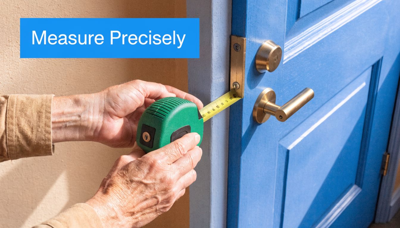 A person using a tape measure to take precise measurements on the edge of a blue door.