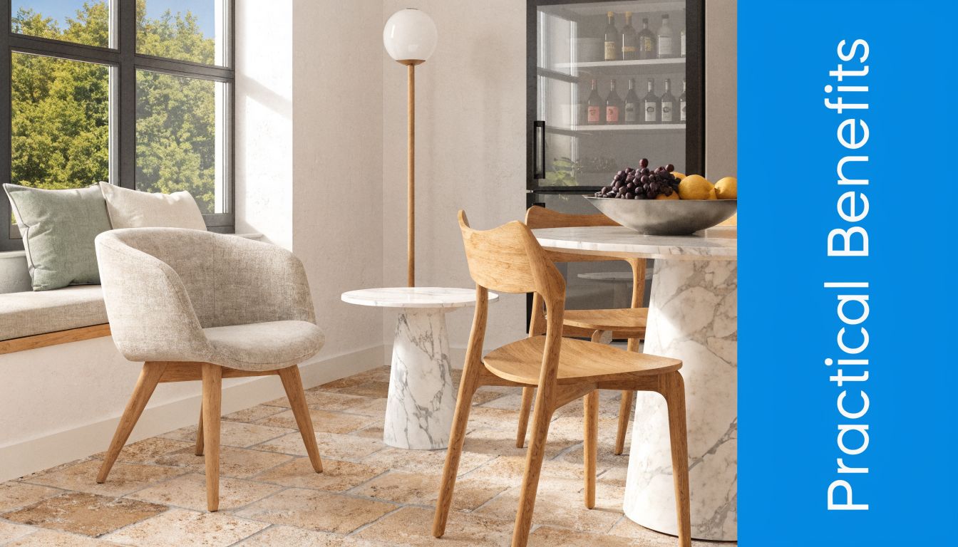 A modern dining room featuring marble furniture, wooden chairs, and a window seat with cushions.