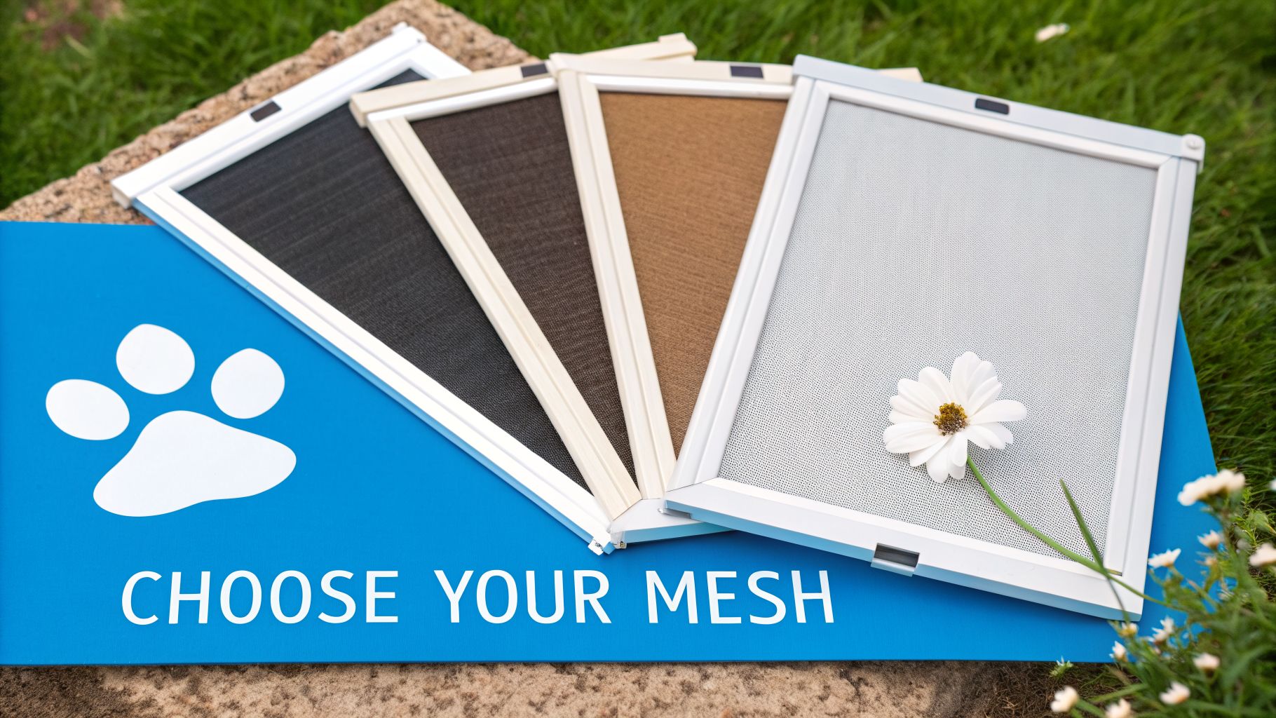 Several samples of retractable fly screens in different colors displayed on a blue board with a paw print.
