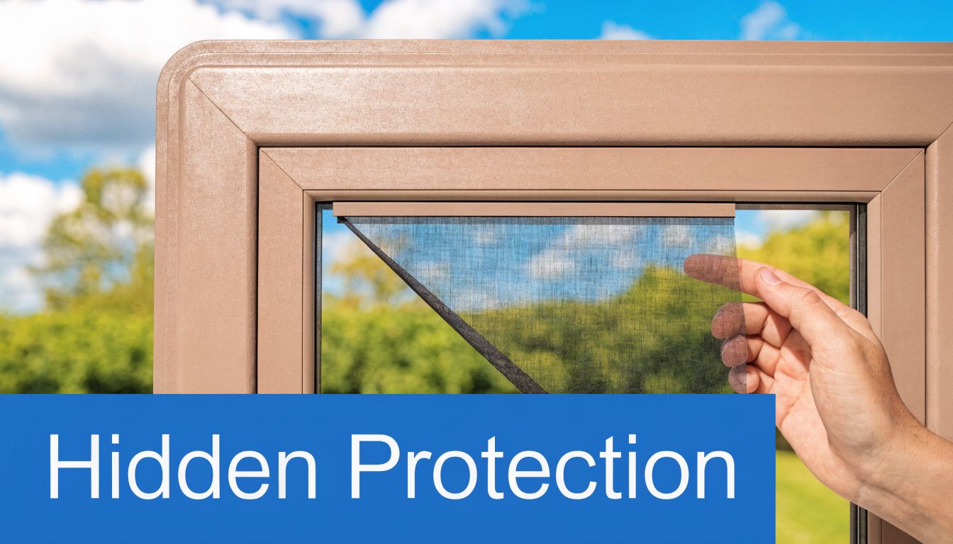 A hand pulling down a discreet retractable insect screen installed on a modern beige UPVC window frame.