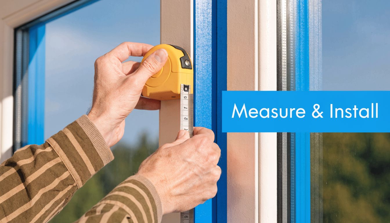 A worker using a tape measure to take measurements on a white UPVC window frame.