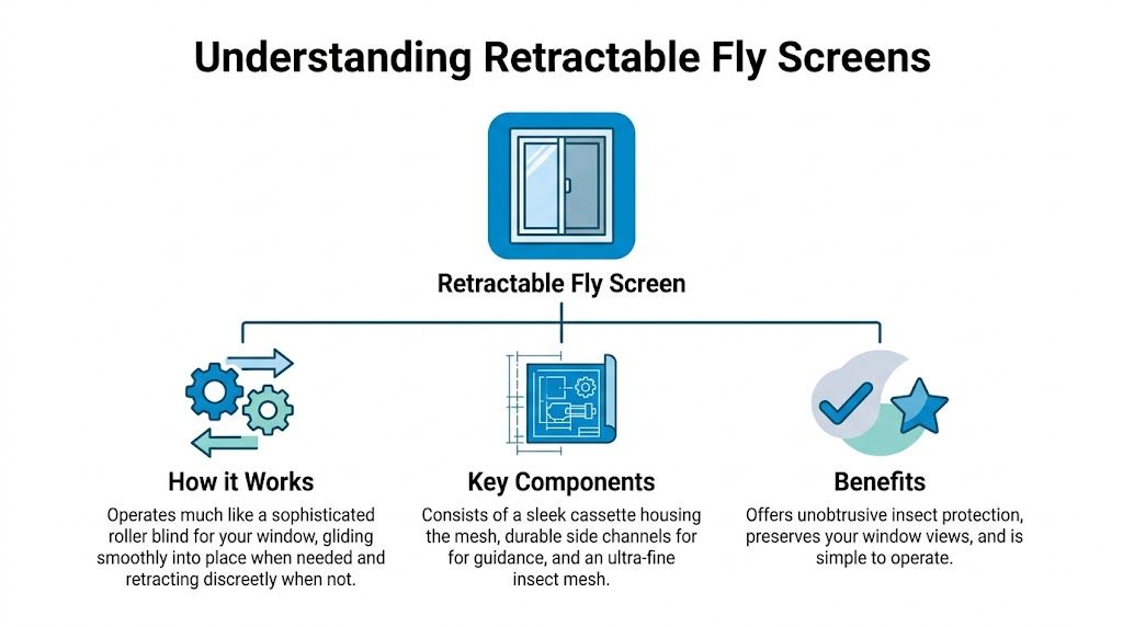 An infographic titled Understanding Retractable Fly Screens explaining how they work, key components, and their benefits.