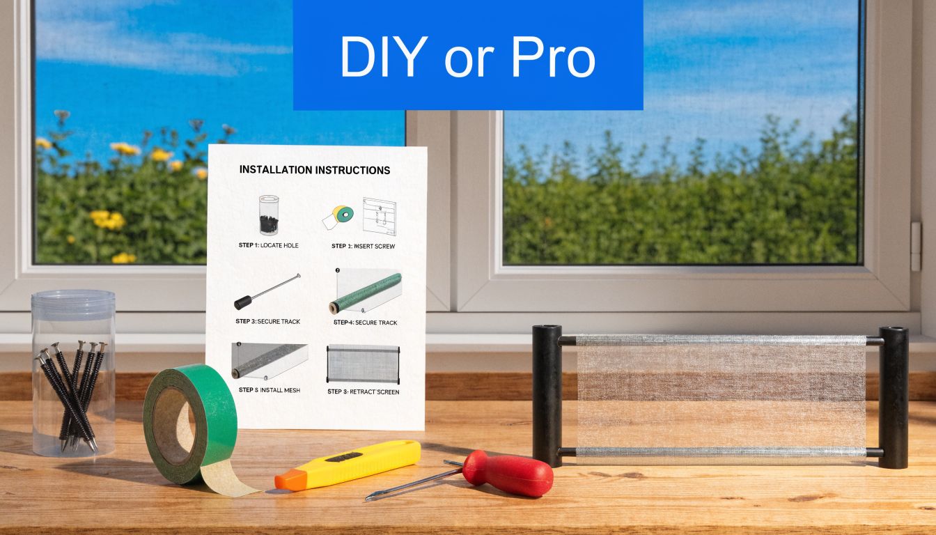 A DIY retractable screen installation kit with instructions, tools, and materials placed on a wooden workbench.