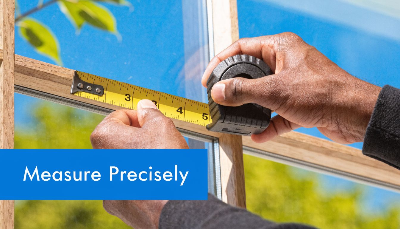 A close-up view of a person using a tape measure on a wooden window frame for precision.