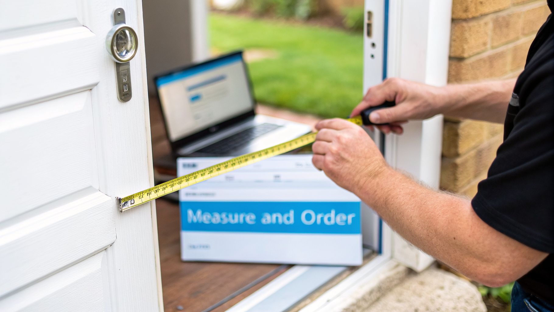 A person uses a yellow tape measure to size a white door frame, with a laptop and 'Measure and Order' box in the background.