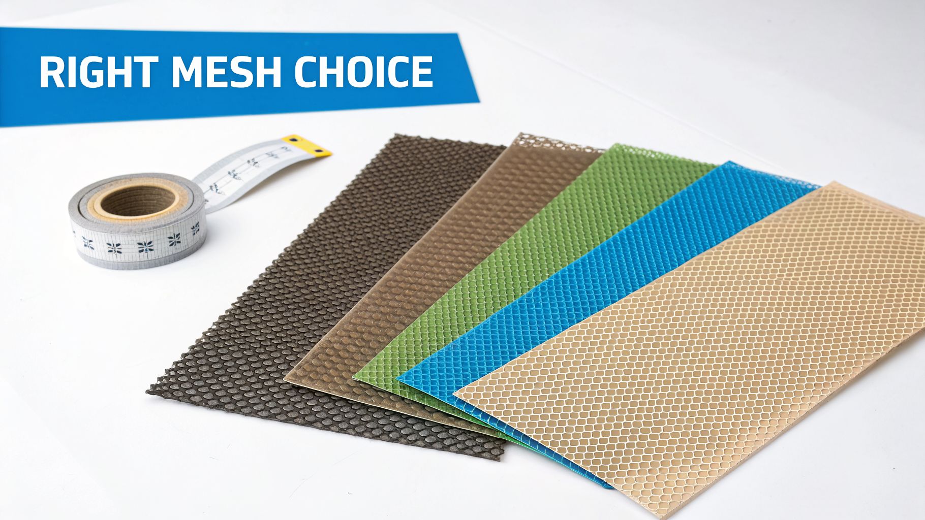 Various colored mesh material samples and a measuring tape, emphasizing the right mesh choice.
