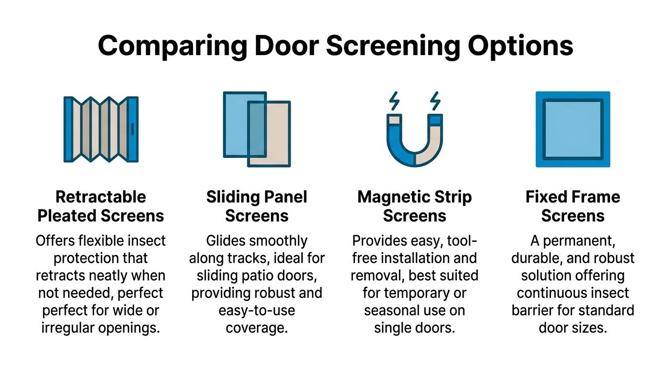 Fly Screens An infographic comparing four types of door screens: retractable, sliding, magnetic, and fixed frame options.