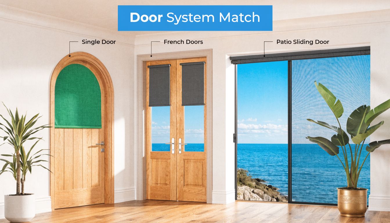 Fly Screens A room showing various roller blind styles installed on a single arched door, French doors, and patio sliding doors.