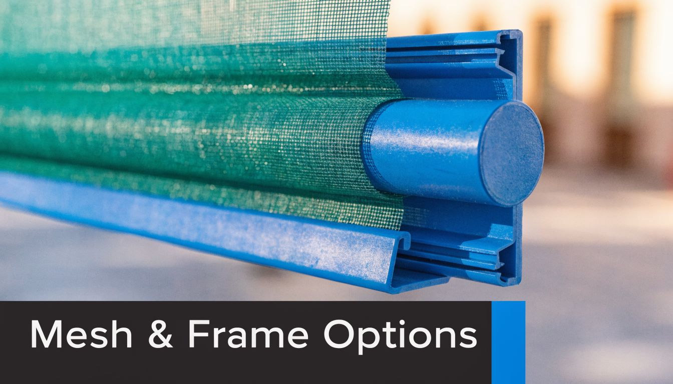 Fly Screens A close-up view of a blue roller blind frame holding a green mesh screen for doors.