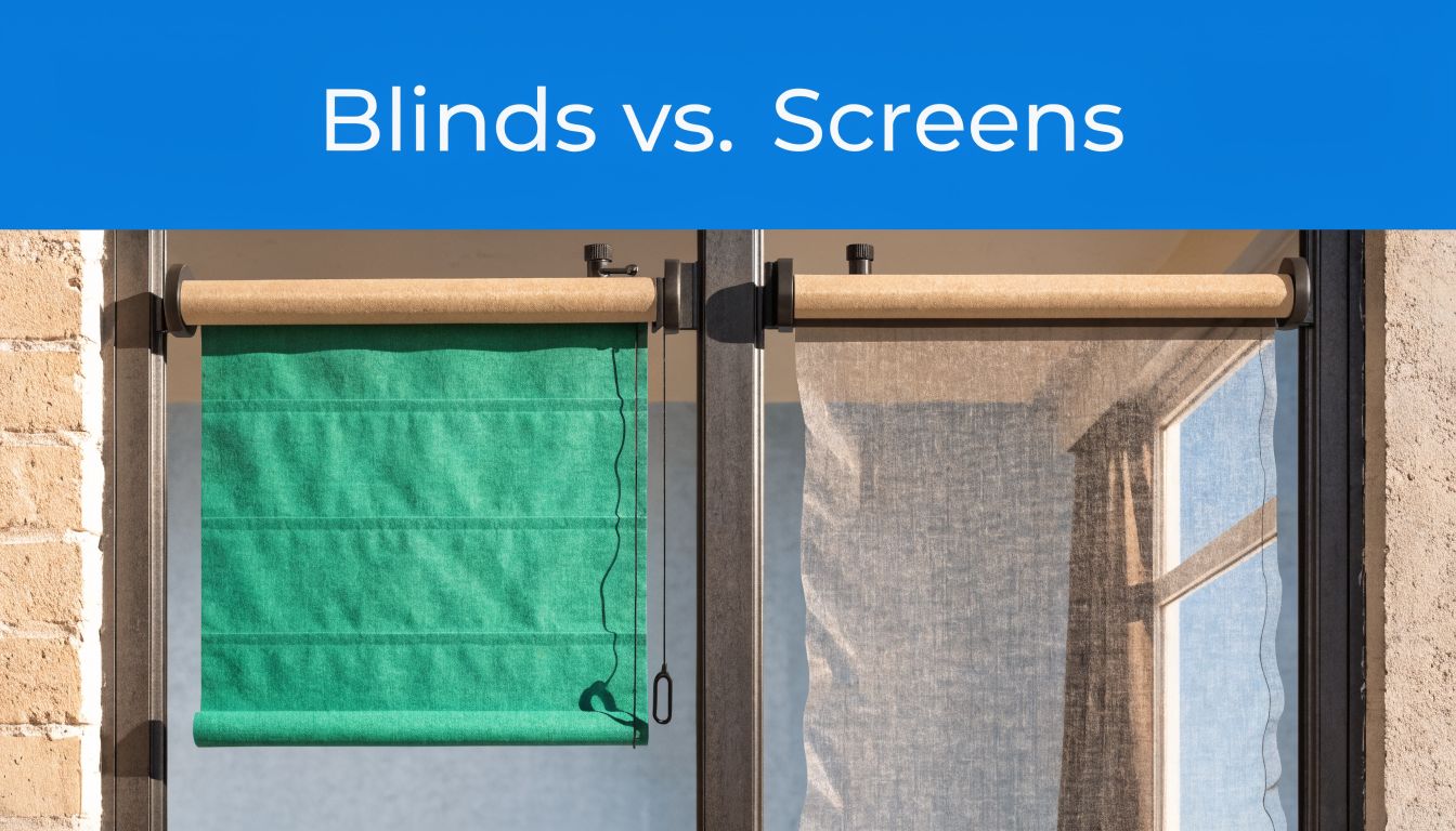 Fly Screens A side-by-side comparison of a green roller blind and a translucent privacy screen on glass doors.